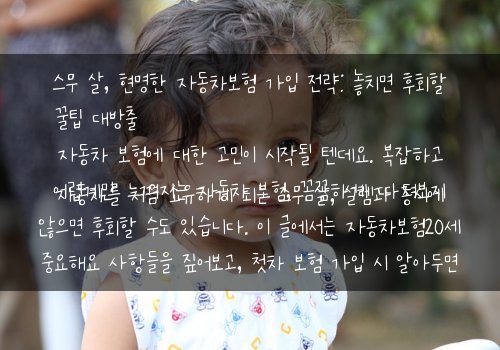  스무 살, 현명한 자동차보험 가입 전략: 놓치면 후회할 꿀팁 대방출자동차를 처음 소유하게 되는 스무 살, 설렘과 동시에 자동차 보험에 대한 고민이 시작될 텐데요. 복잡하고 어렵게만 느껴지는 자동차 보험, 꼼꼼하게 따져보지 않으면 후회할 수도 있습니다. 이 글에서는 자동차보험20세 중요해요 사항들을 짚어보고, 첫차 보험 가입 시 알아두면